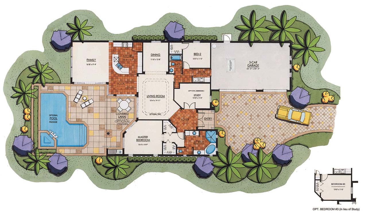 Ravenna II Floor Plan in Paseo, 2 bedroom, 2 bath, living room, family room, dining room, study (optional 3rd bedroom) screened covered lanai, 3-car garage